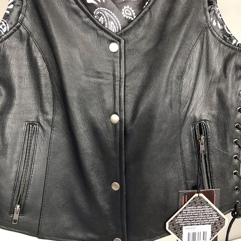 Unik Premium Women Sz M Black Leather Snap Front Vest Side Laces Paisley Liner - Picture 3 of 16
